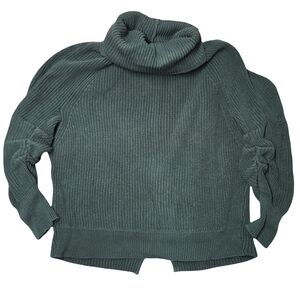 CAbi Women Forest Green Ruched Sleeve Oversized Ribbed Knit Cotton Sweater Sz XS